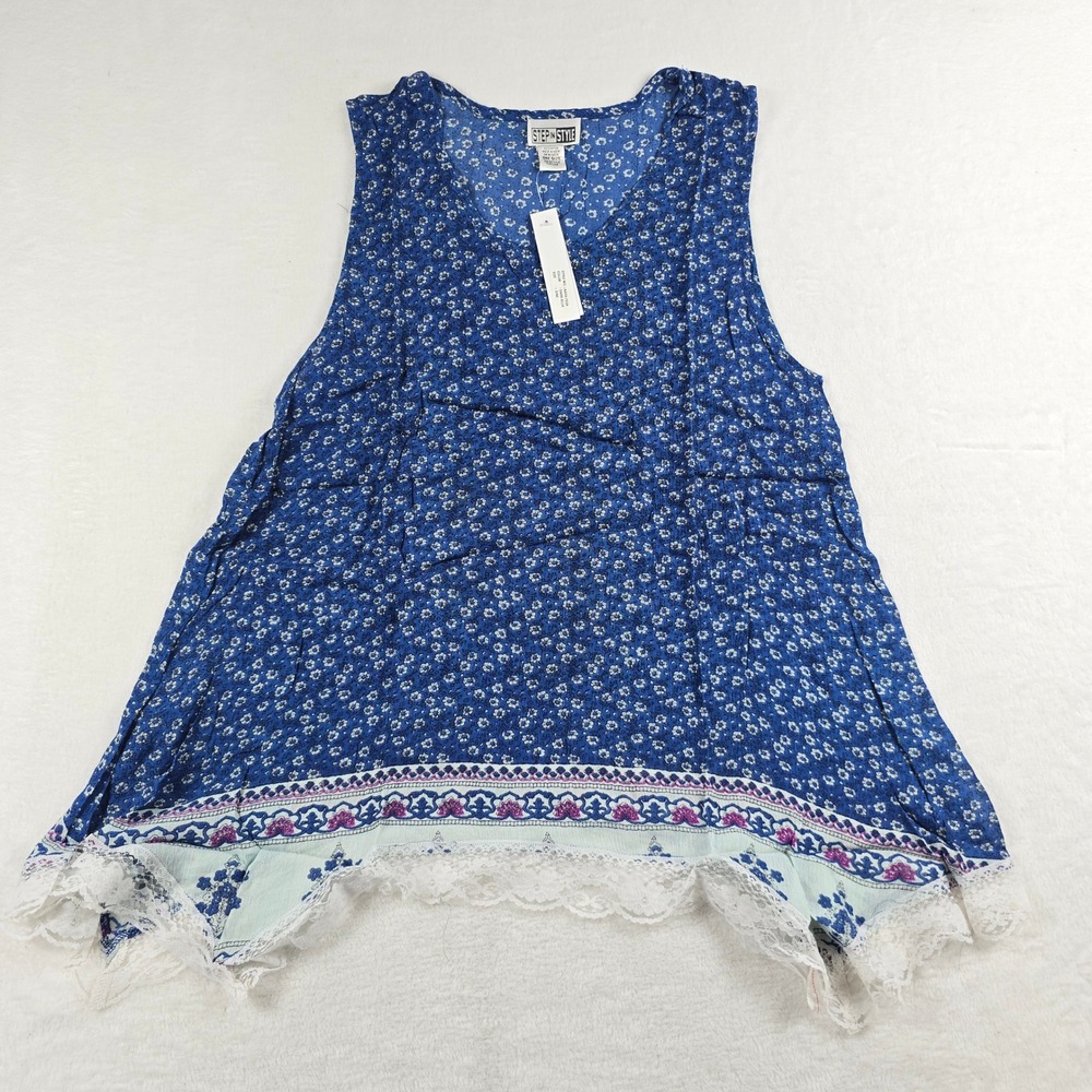 Step In Style Blue Floral Sharkbite Lace Trim Sleeveless Rayon Top One Size NEW